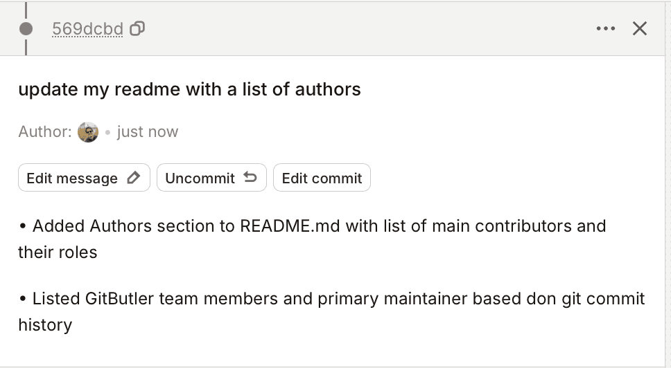 The recorded commit message with prompt and summary data from the agent